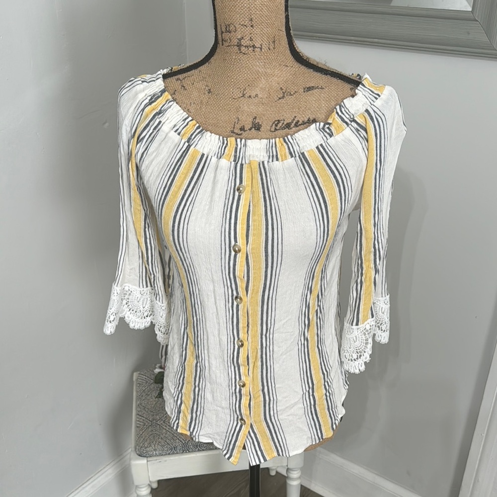 Striped Off-Shoulder Top with Lace Trim